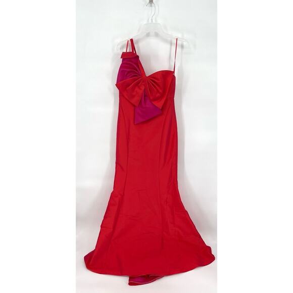 NWT Amsale Coral Fuchsia Duchess Satin Oversize Bow One Shoulder Gown size 6 - Picture 2 of 12